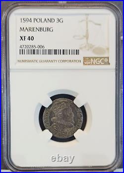 1594 Poland 3 Groschen Marienburg Ngc Xf 40 High Grade Beautiful Coin