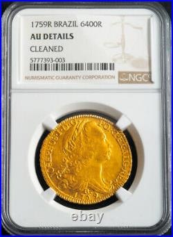 1759-R, Brazil, Prince Jose I. Beautiful Gold 6400 Reis (Peca) Coin. NGC AU+
