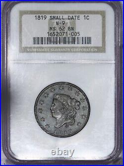 1819 Coronet Head Large Cent 1c NGC MS62 BN N-9 Small Date Beautiful coin! LB