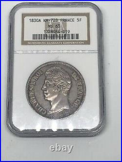 1830-a France 5f 5 Francs Silver Coin Ngc Ms 63 Rare Beautiful Toning