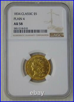 1834 Classic Head Gold Dollar $5 Half Eagle, NGC AU 58 Beautiful Coin