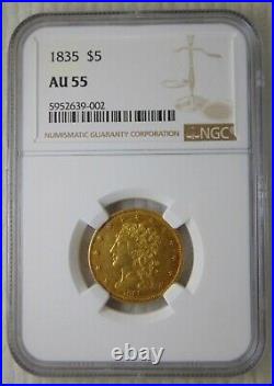 1835 Classic Head Gold Dollar $5 Half Eagle, NGC AU 55, Beautiful Coin