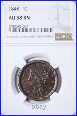 1848 RPD Repunched Date! Braided Hair Large Cent NGC AU58 Beautiful Coin! ONKY