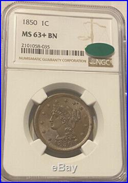 1850 CAC NGC MS 63 + BN Braided Hair Large Cent Coin Beautiful Gem Nice Luster
