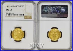 1851, France (2nd Republic). Beautiful Gold 20 Francs Coin. (6.45gm!) NGC MS-63