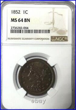 1852 Large Cent Braided Hair NGC MS64 BN Beautiful Coin