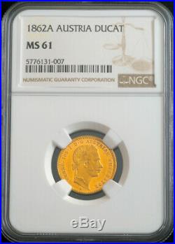 1862, Austrian Empire, Franz Josef I. Beautiful Gold Ducat Coin. NGC MS-61
