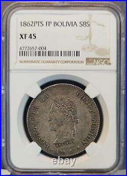 1862 Pts Fp Bolivia Silver 8 Soles S8s Ngc Xf 45 High Grade Beautiful Coin