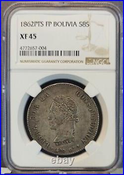 1862 Pts Fp Bolivia Silver 8 Soles S8s Ngc Xf 45 High Grade Beautiful Coin