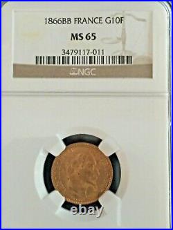 1866BB MS65 France G10F NGC Certified Beautiful Example Gold Coin