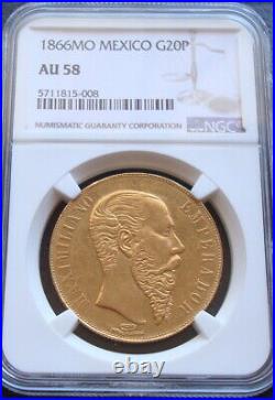 1866 Mexico RARE Beautiful coin $20 Pesos Maximiliano Emperor NGC AU58