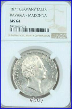 1871 Germany Silver 1 Taler Bavaria Madonna Ngc Ms 64 Scarce Bu Beautiful Coin