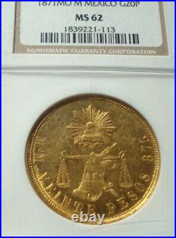 1871 MoM Mexico RARE Beautiful coin $20 Pesos Gold NGC MS62