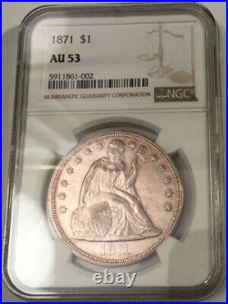1871 Seated Liberty Dollar NGC AU53 Beautiful Problem Free High Graded Coin