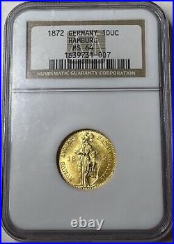 1872-B Germany Hamburg Gold Ducat NGC MS64 Beautiful Design Rare Coin