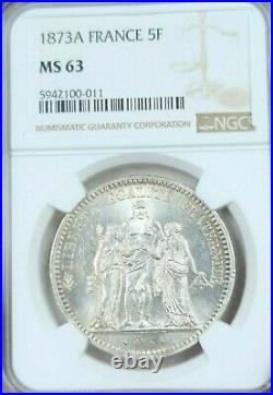 1873 France Silver 5 Francs Hercules Ngc Ms 63 Bright Beautiful Coin