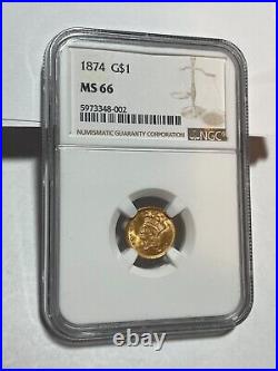 1874 $1.00 Gold Coin Ngc Ms-66 Beautiful Shiny Nice Gold Coin