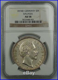 1874-D Germany Silver 5 Mark 5M Bavaria NGC AU-58 Beautiful German Coin