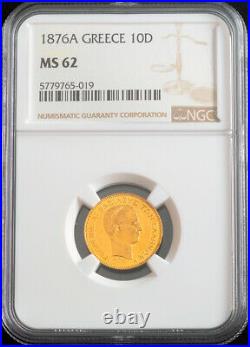1876, Kingdom of Greece, George I. Beautiful Gold 10 Drachmai Coin. NGC MS-62
