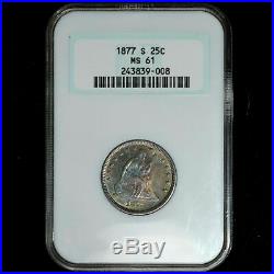 1877-S Seated Liberty Quarter NGC MS61 STUNNING TONING Beautiful Coin