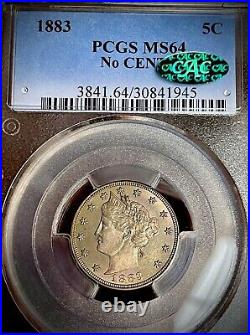 1883 No Cents 5c Pcgs MS-64 Liberty V Nickel Beautiful coin