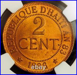 1886, Haiti (Republic). Beautiful Bronze 2 Centimes Coin. Pop 9/3! NGC MS-65