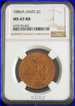 1886, Haiti (Republic). Beautiful Bronze 2 Centimes Coin. Pop 9/3! NGC MS-65