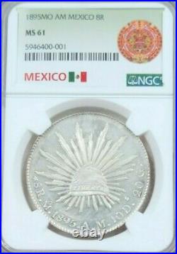 1895 Mo AM MEXICO SILVER 8 REALES NGC MS 61 BEAUTIFUL FROSTY COIN MEXICO CITY