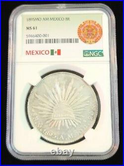 1895 Mo AM MEXICO SILVER 8 REALES NGC MS 61 BEAUTIFUL FROSTY COIN MEXICO CITY