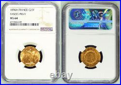 1896, France (3rd Republic). Beautiful Gold 20 Francs Coin. (6.45gm!) NGC MS-64