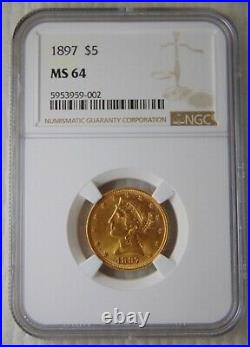 1897 Liberty Head Gold $5 Dollar Half Eagle, NGC MS 64, Beautiful Coin