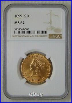 1899 Liberty Head $10 Dollar Gold Eagle, NGC MS 62, Beautiful Coin