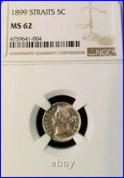 1899 Straits Settlements Silver 5 Cents Queen Victoria Ngc Ms 62 Beautiful Coin
