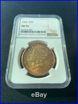 1904 $20 Double Eagle Liberty Head Gold Coin! NGC AU55! Beautiful Toning
