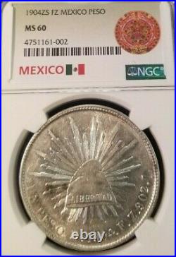 1904 Zs FZ MEXICO SILVER UN PESO NGC MS 60 BRIGHT LUSTER BEAUTIFUL COIN