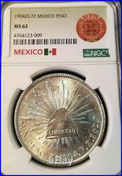 1904 Zs FZ MEXICO SILVER UN PESO NGC MS 62 GREAT LUSTER BEAUTIFUL BRIGHT COIN