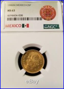 1906 M Mexico Gold 5 Pesos G5p Ngc Ms 63 Beautiful Bright Original Luster