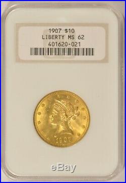 1907 $10 Gold Eagle Coin NGC MS62 Beautifully Displayed In A Old Fatty Holder
