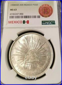 1908 Mo AM MEXICO UN PESO NGC MS 63 HIGH GRADE BRIGHT LUSTER BEAUTIFUL COIN