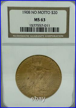 1908 NO MOTTO $20 Saint Gaudens Double Eagle NGC MS63 Gold Coin BEAUTIFUL