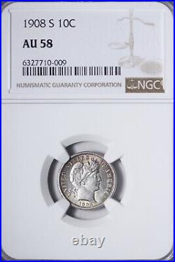 1908-S Barber Dime NGC AU58 Beautiful Coin! Tougher Date! SCBM