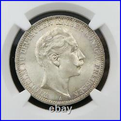 1909-A German States Silver 3 Mark BU UNC Coin NGC MS64+ Beauty