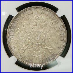 1909-A German States Silver 3 Mark BU UNC Coin NGC MS64+ Beauty