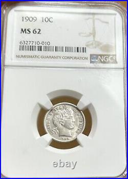 1909 Barber Dime 10C NGC MS62 Beautiful Silver Coin