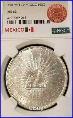 1909 Mo GV MEXICO SILVER UN PESO NGC MS 62 GREAT LUSTER BEAUTIFUL COIN