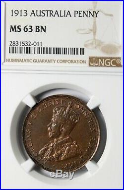 1913 Australia Penny Coin George V KM# 23 NGC MS63 BN BEAUTY