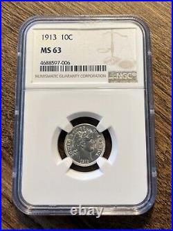 1913 Barber Dime 10C NGC MS63, Bright and Beautiful Coin, EdgeView Holder