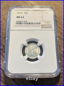 1913 Barber Dime 10C NGC MS63, Bright and Beautiful Coin, EdgeView Holder