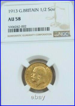 1913 Great Britain Gold 1/2 Sovereign George V Ngc Au 58 Beautiful Smooth Coin
