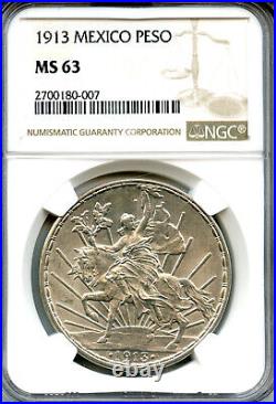 1913 Mexico Silver 1 Peso Caballito Ngc Ms 63 Scarce Beautiful Luster